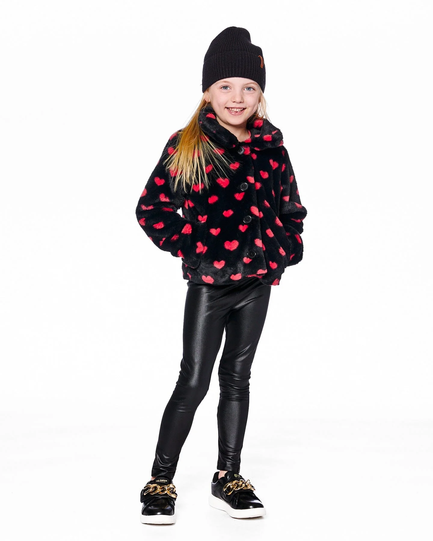 Faux Fur Short Coat Black And Red With Hearts - Image 2