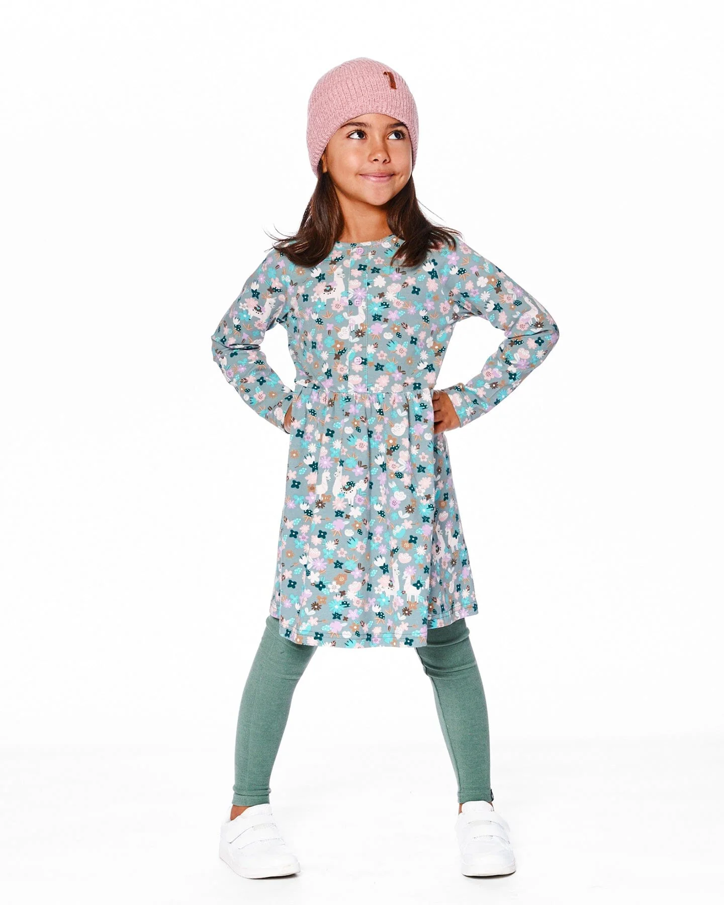 Half Button Organic Cotton Dress Blue Llama Print - Image 2