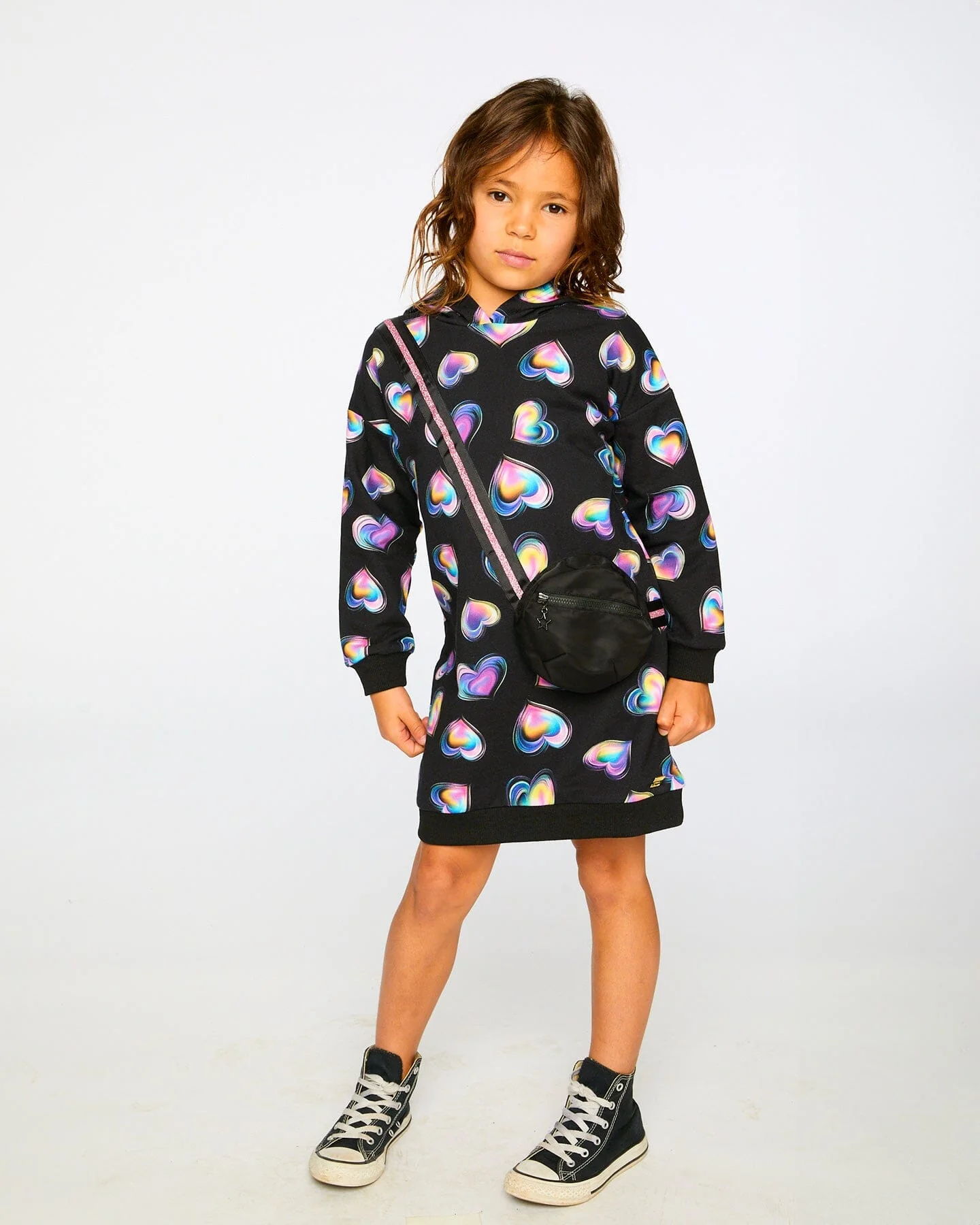 Hooded Fleece Dress Black And Multicolor With Trompe-L’Œil Bag Detail - Image 2