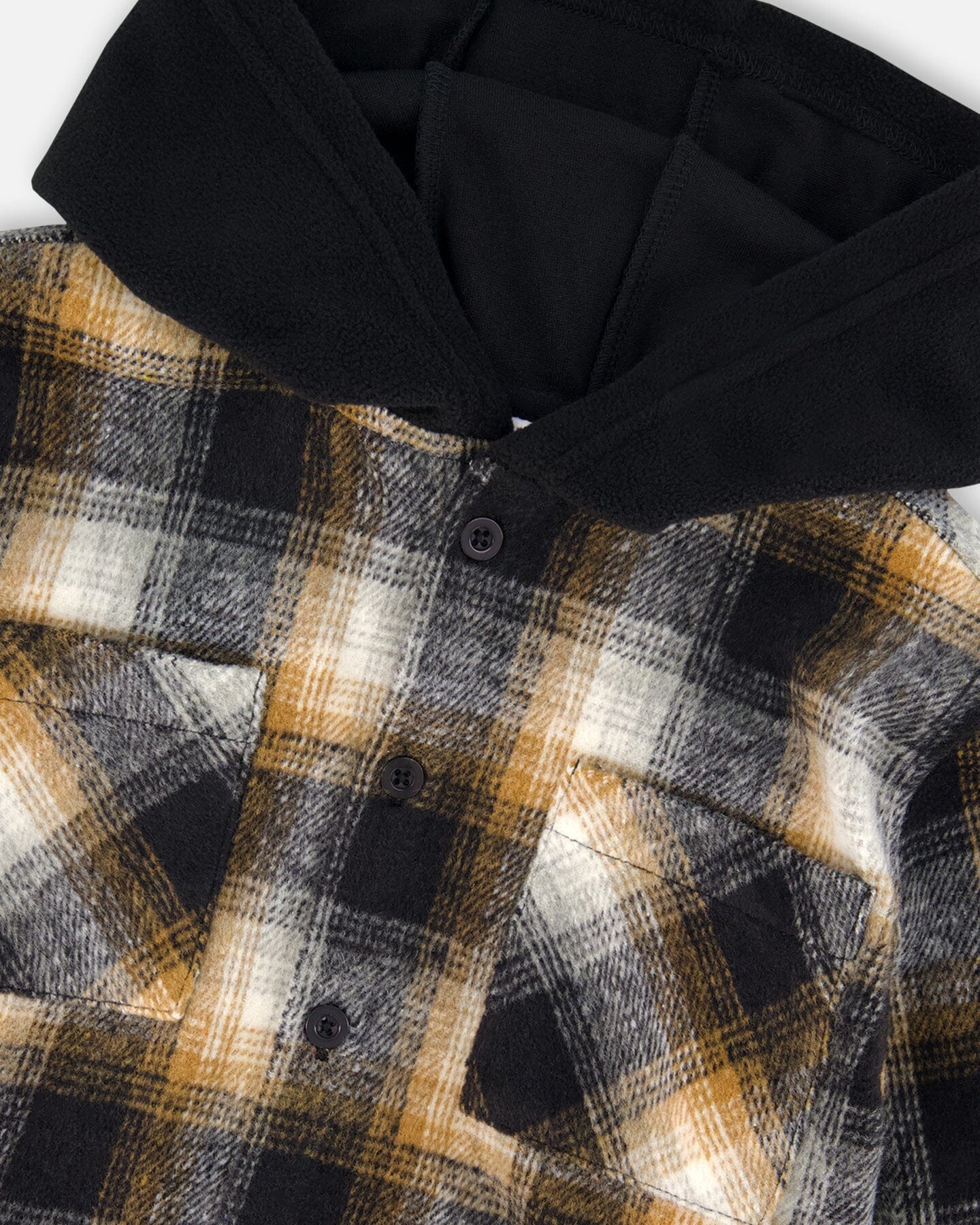 Hooded Polar Fleece Overshirt With Hood Black And Brown Plaid - Image 4