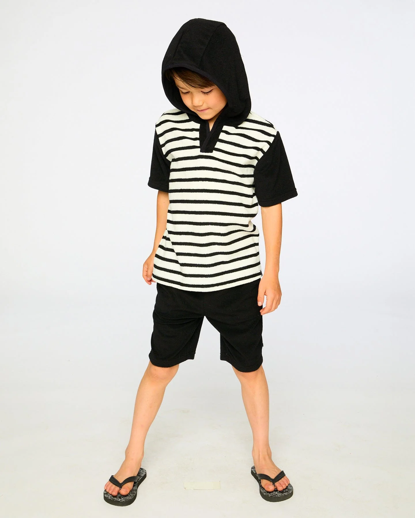 Hooded Terry T-Shirt With Shorts Set Black And White Stripes - Image 3