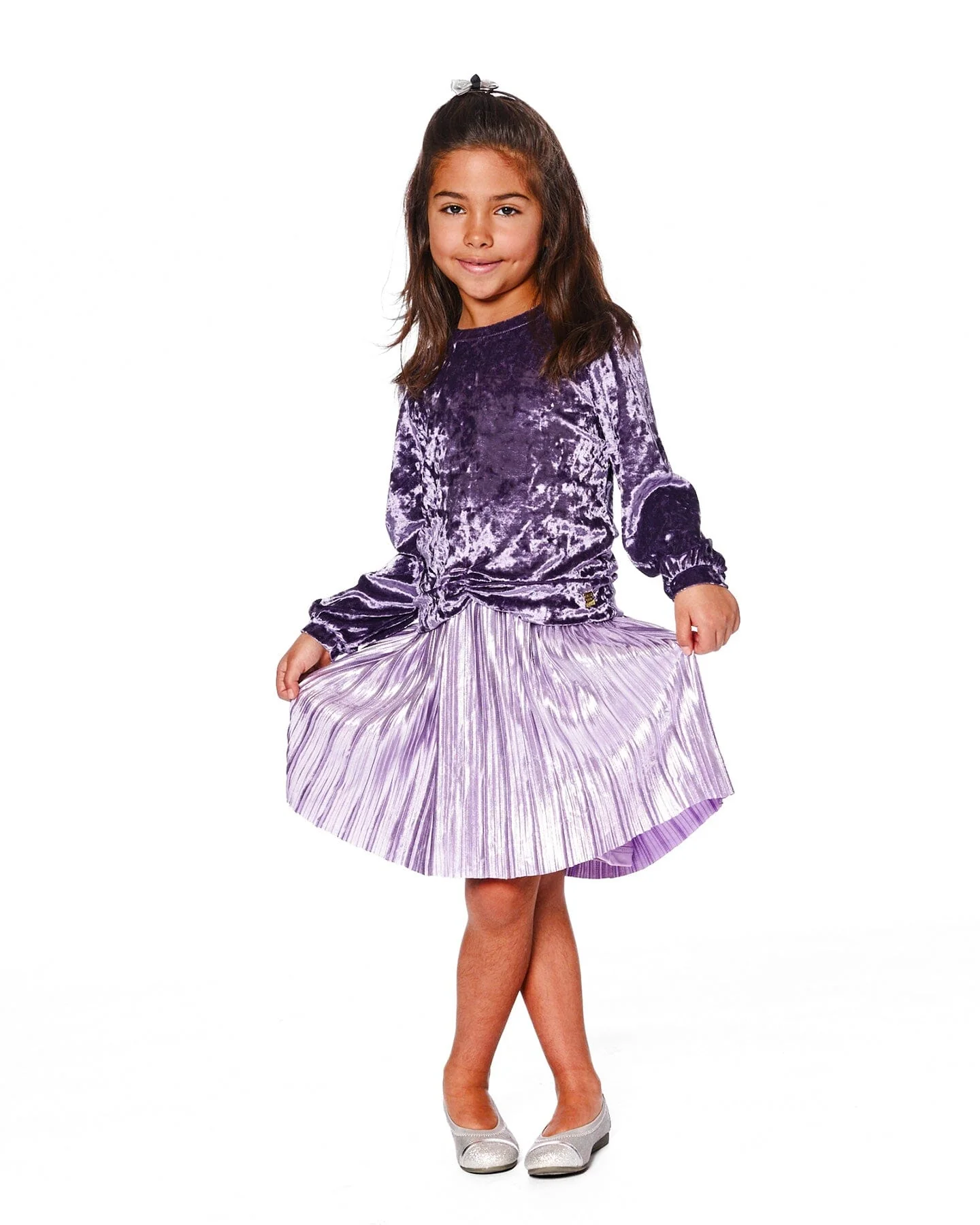 Long Sleeve Bi-Material Velour And Jersey Dress Purple Gray - Image 2
