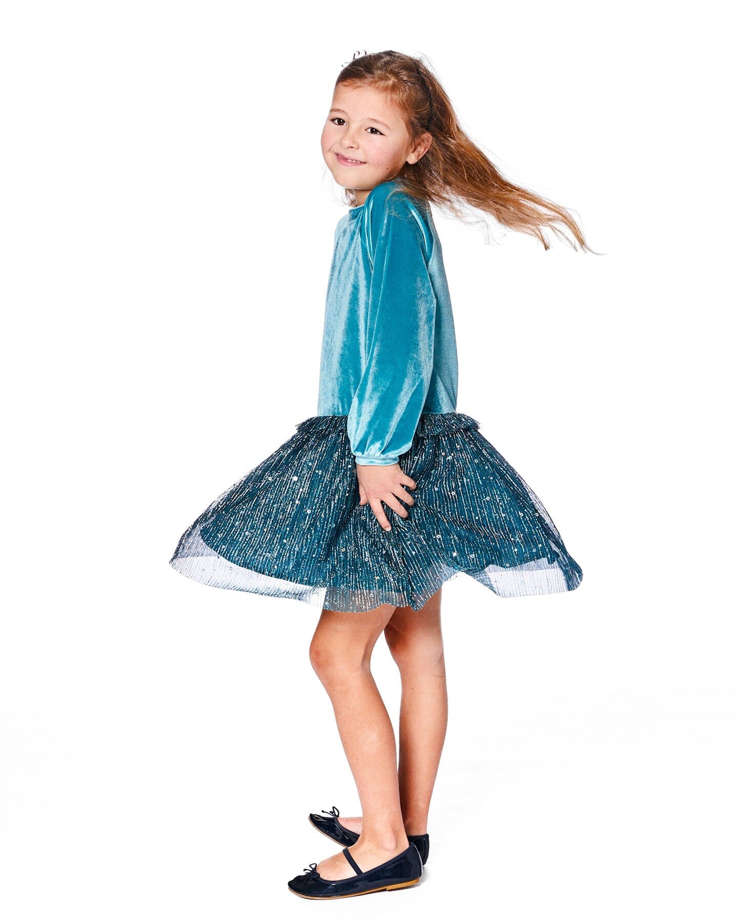 Long Sleeve Bi-Material Velvet And Pleated Mesh Dress Teal Blue - Image 2