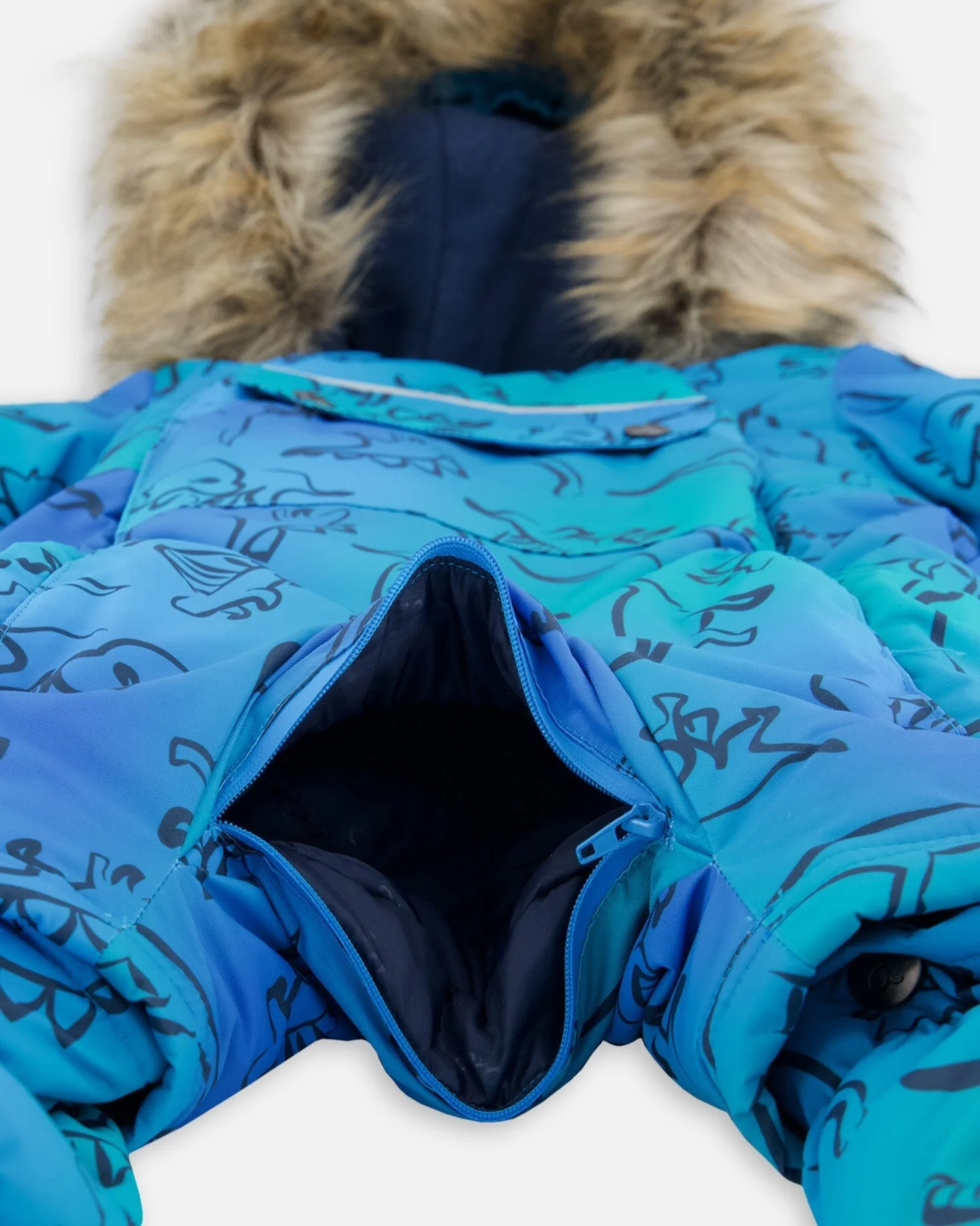 One-Piece Baby Play Snowsuit Designed For Car Seat Blue Gradient Dinosaur Print - Image 8