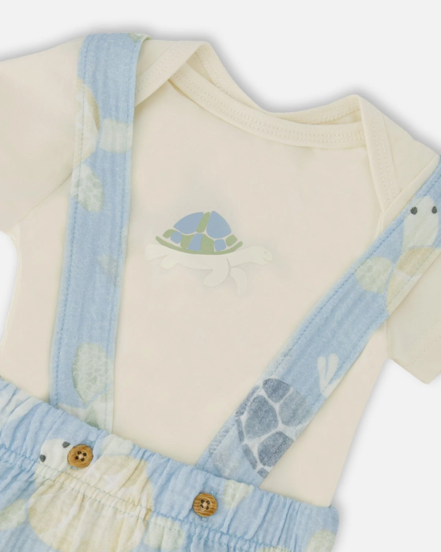 Organic Cotton Jersey Onesie And Muslin Shortall Set White And Blue Turtle Print - Image 4