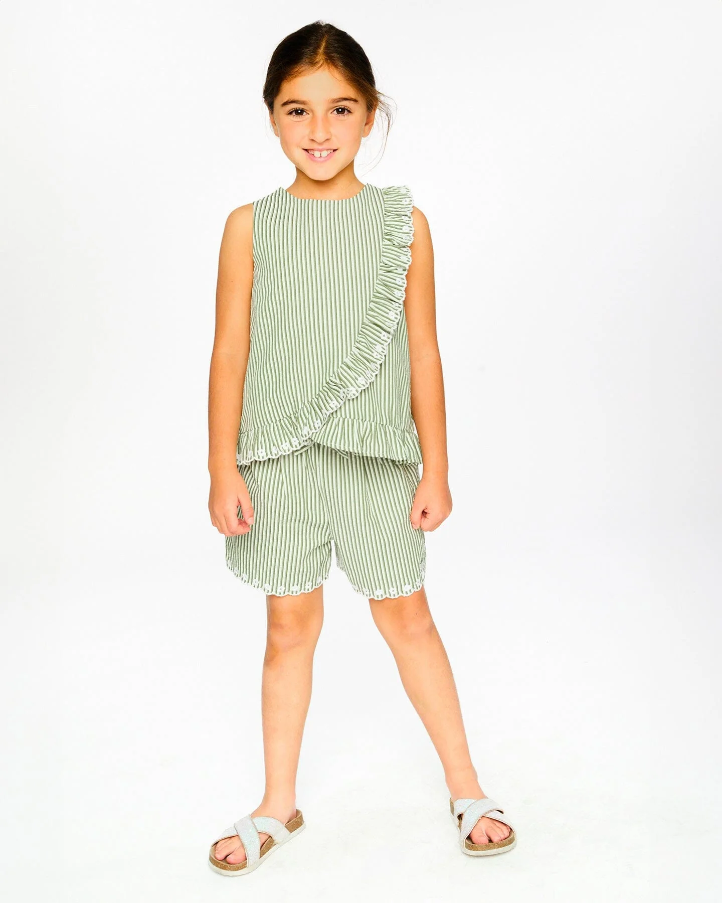 Shorts Green And Off White Stripes With Embroidery - Image 2