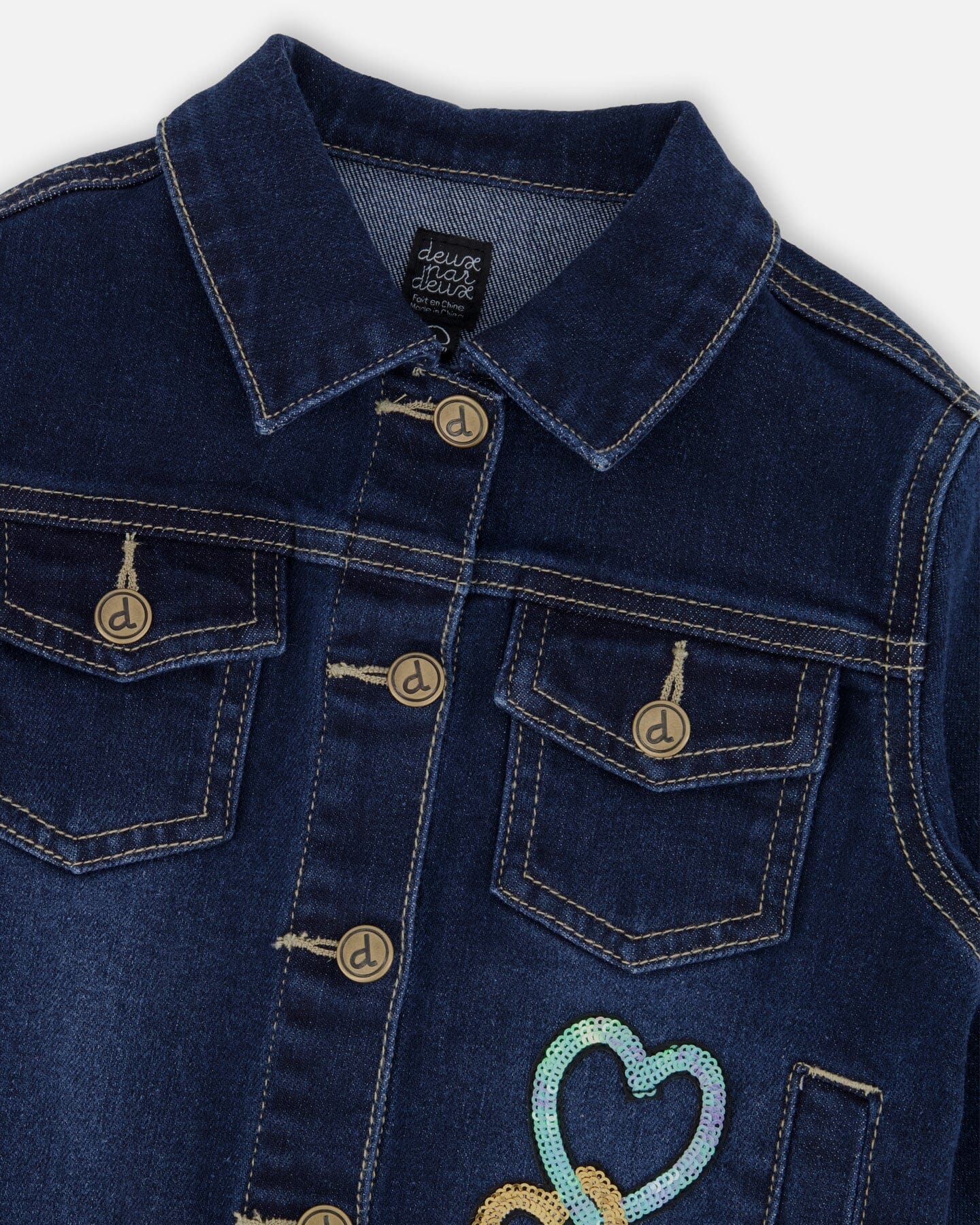 Stretch Denim Jacket Dark Blue With Glittery Hearts And Unicorn - Image 4