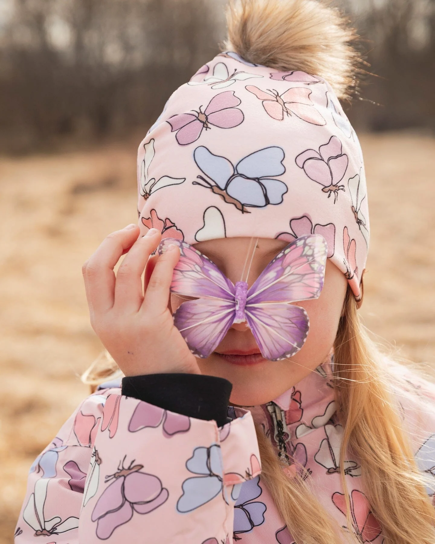 Stretch Jersey Hat Pink Printed Butterflies With Pompom - Image 2