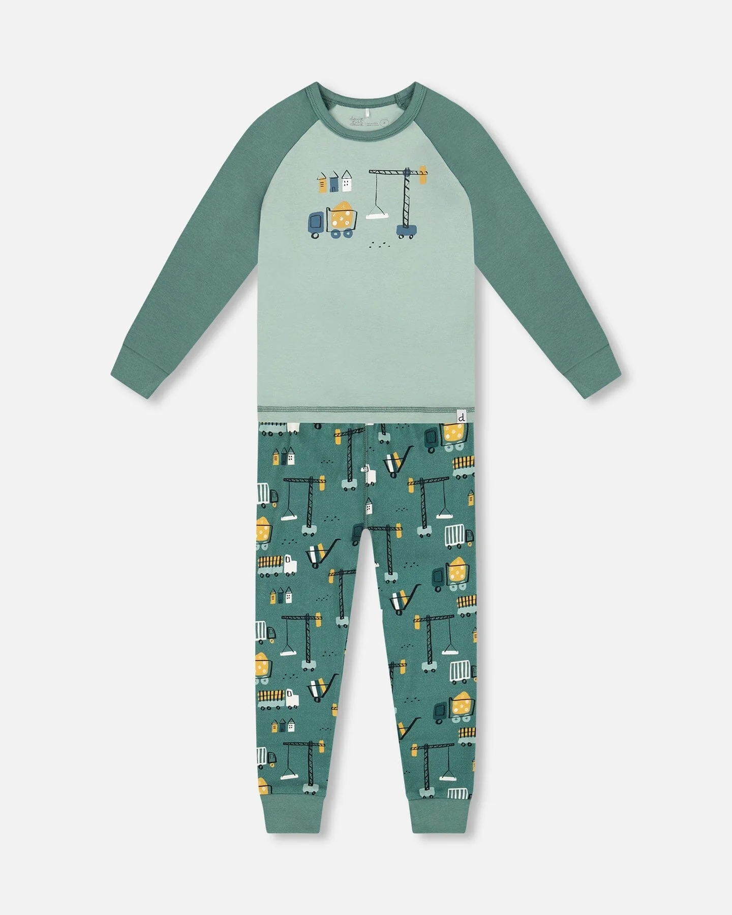 Two-Piece Organic Cotton Pajama Set Teal Construction Print