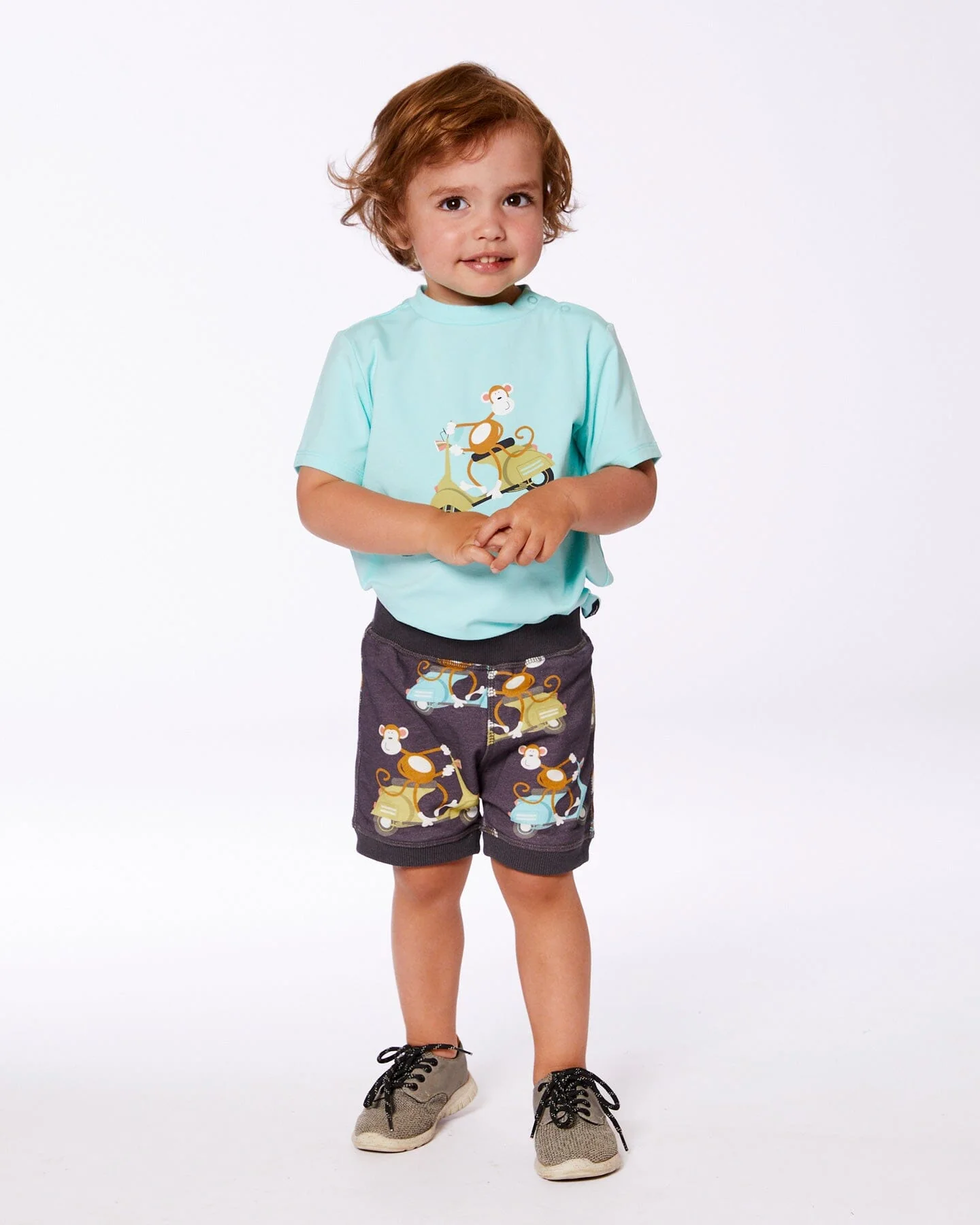 Two-Piece Top And Short Set Monkey On Navy And Turquoise Moped - Image 3