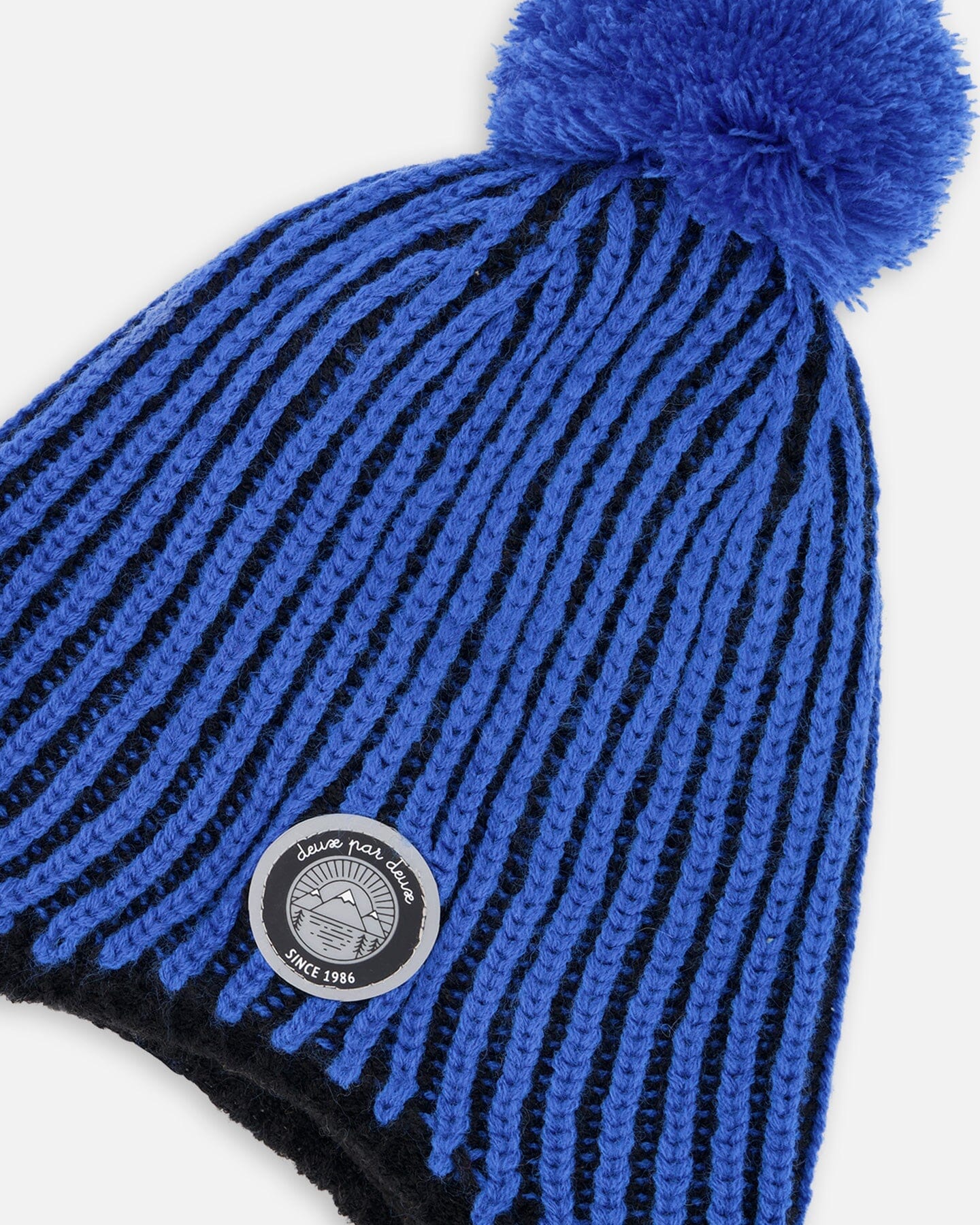 Winter Peruvian Knit Hat With Pompom And Lining Black And Blue - Image 5